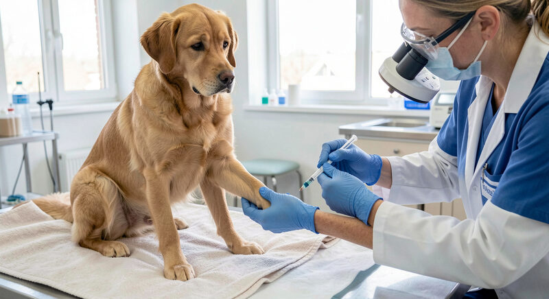 En hund sidder på et tæppe mens en dyrlæge tager en blodprøve i forbenet