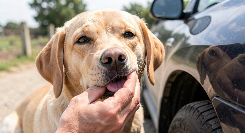 En hånd løfter forsigtigt overlæben på en rolig labrador for at se på det lyserøde tandkød ved siden af en parkeret bil