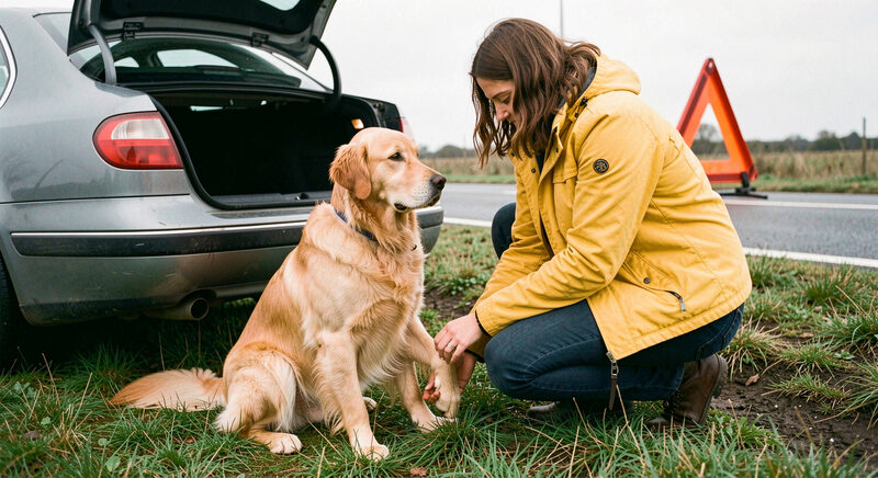 En kvinde i gul jakke sidder på hug i en grøn rabat ved siden af en parkeret grå bil med åben bagklap og tjekker forsigtigt forbenet på en rolig golden retriever, mens en advarselstrekant står på vejen bagved