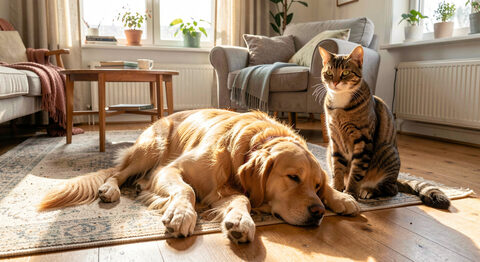 En hund og en kat deler en solbeskinnet vindueskarm i en dansk lejlighed