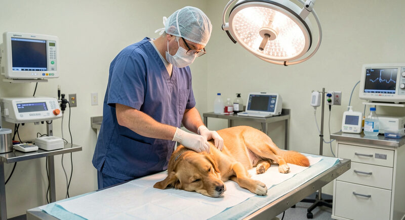 Et blødt målebånd ligger rundt om brystkassen på en sort og tan gravhund, der står på et lyst trægulv i dagslys fra et vindue til venstre, fotograferet tæt på i øjenhøjde med hundens brystkasse.