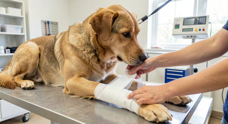 En ældre labrador ligger på et blødt tæppe i en stue med trægulv, morgenlys fra et vindue falder ind fra venstre, og en hævet madskål står i baggrunden, fotograferet i øjenhøjde med hunden.