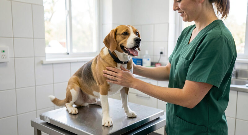 En dyrlæge vejer en glad beagle på en vægt i en lys klinik med hvide fliser