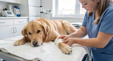En hund ligger på et tæppe med et forbundet forben mens en plejer holder dens pote