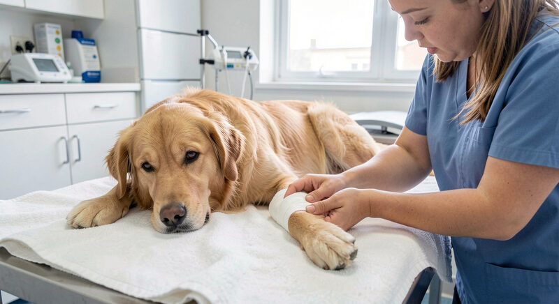 En hund ligger på et tæppe med et forbundet forben mens en plejer holder dens pote