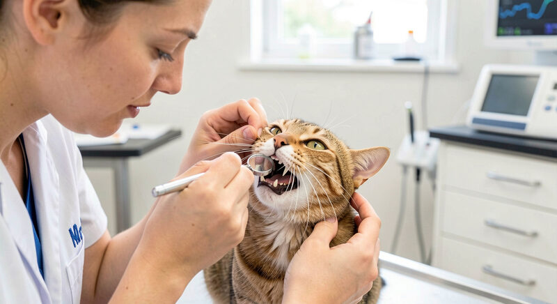 En veterinærsygeplejerske undersøger tænderne på en rolig kat med et lille spejl