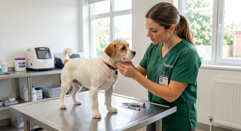 En dyrlæge i grøn kitel vaccinerer en lille hund på et stålbord i en lys konsultation